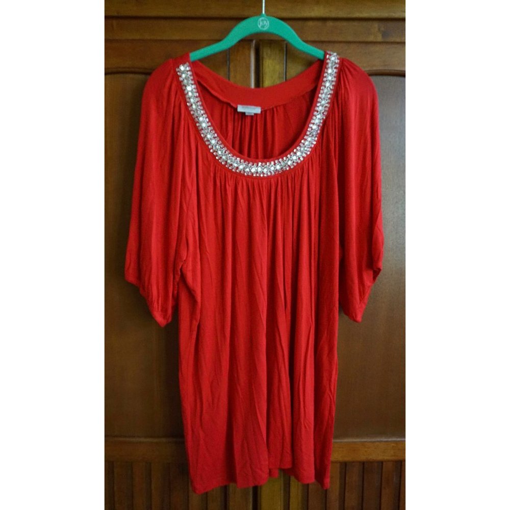 Avenue Red 1/2 Sleeve Blouse with Beaded Neck